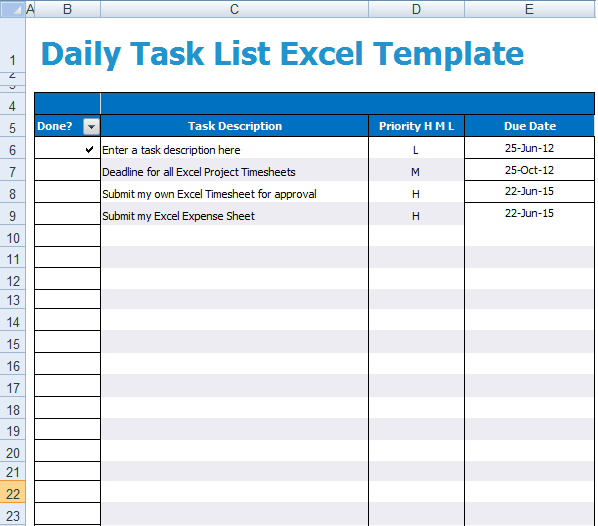 Daily Task List Excel Template