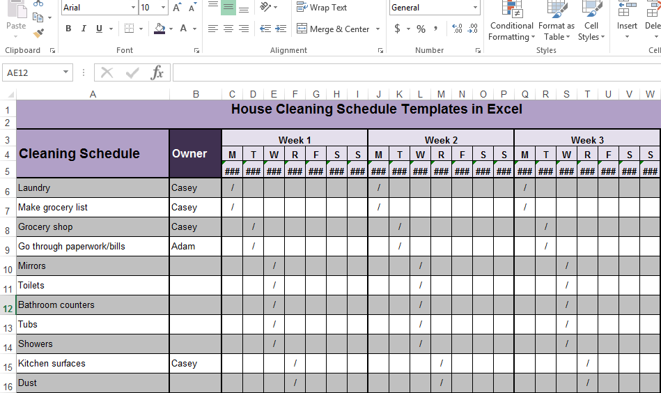 House Cleaning Schedule Templates in Excel