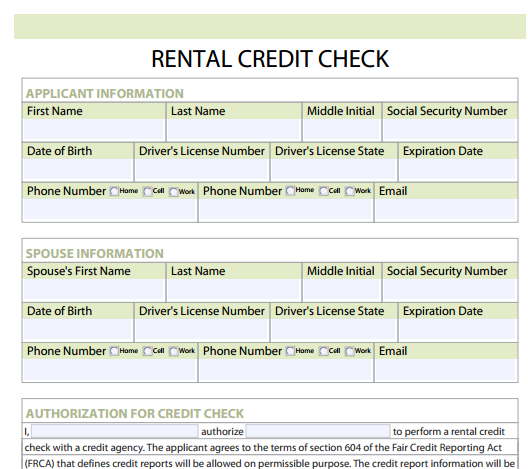 Credit Check Forms for Rentals Word