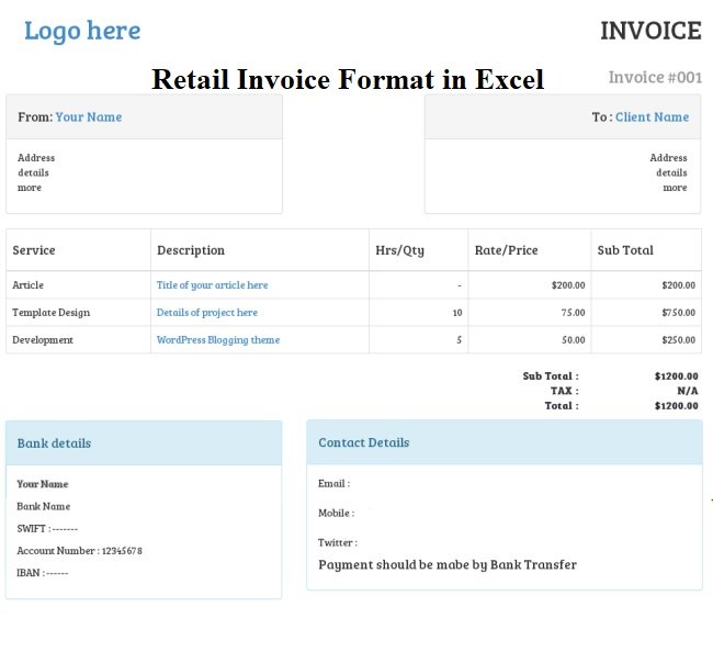 Retail Invoice Format in Excel Sheet Free Download