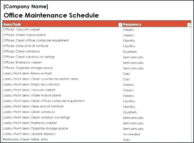 Office Maintenance Schedule Excel Template